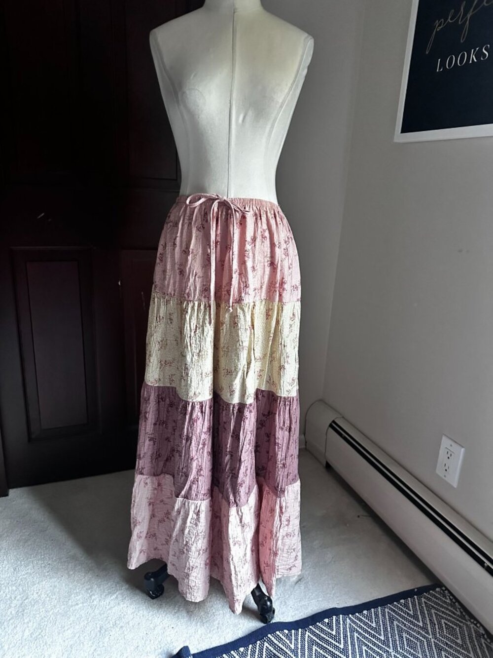 Sienna Sky pink floral maxi skirt with beige and mauve panels L